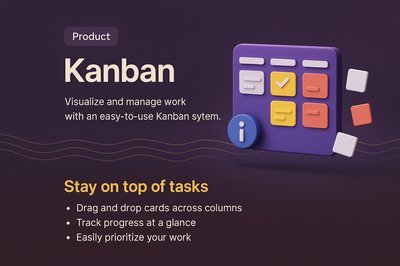 3D Kanban Landing Page Design with Feature Highlights
