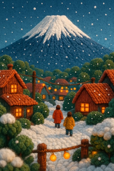 Textured Woolen Scene of Mount Fuji in Japan