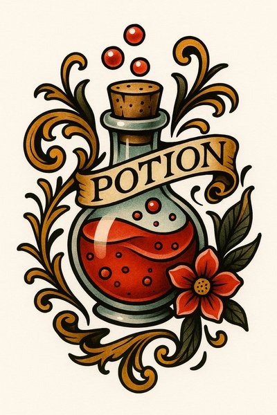Illustrative Vintage Potion Bottle Design with Floral Elements