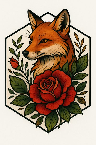 Stylized Illustration of a Fox Surrounded by Floral Elements