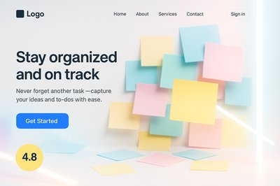 Neon Landing Page Design with Sticky Notes and Action Button