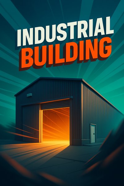Dynamic Industrial Building Illustration with Open Door