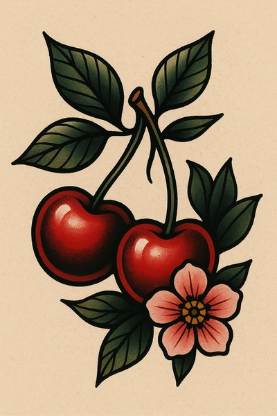 Illustration of Cherry Fruits with Floral Elements