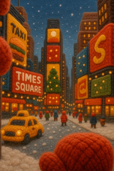 Cozy Yarn Interpretation of Times Square in Winter