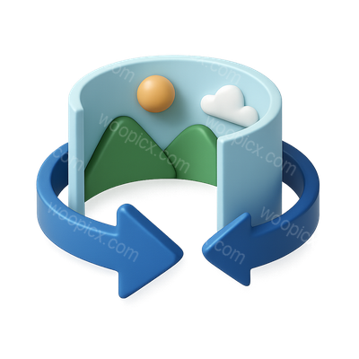 Colorful 3D Icon with Panoramic Elements and Arrows