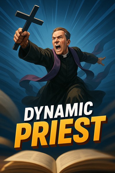 Dynamic Priest Illustration with Bold Typography