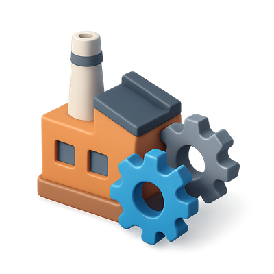 3D Factory Icon with Gears in Isometric View
