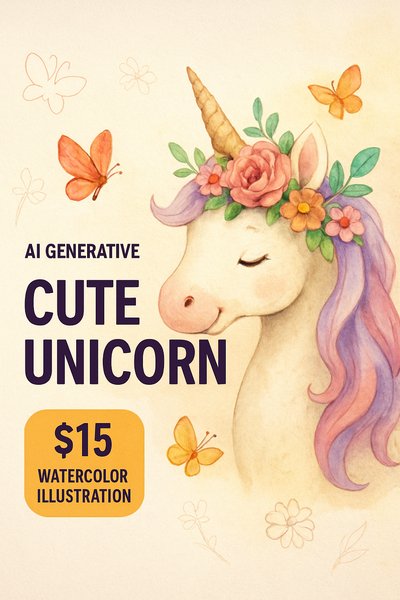 Colorful Unicorn Fantasy Watercolor Illustration with Typography