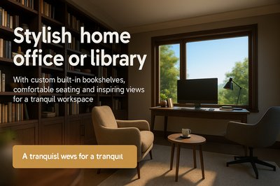 Stylish Home Office with Custom Built-In Bookshelves and Views