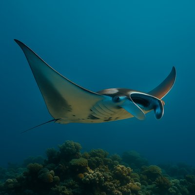 Manta Ray Gliding Over a Vibrant Reef Environment