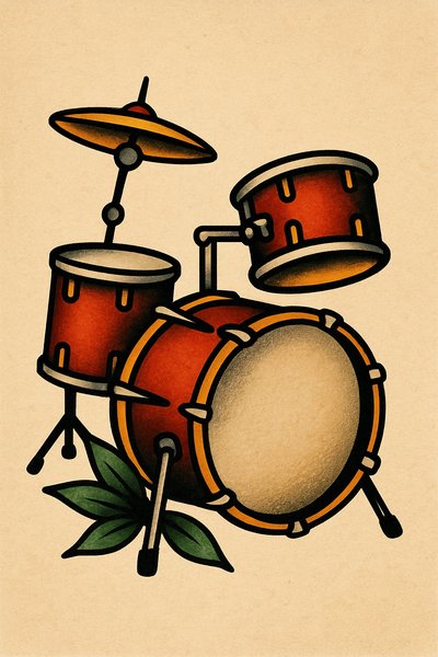 Illustration of a Colorful Drum Set with Green Leaves