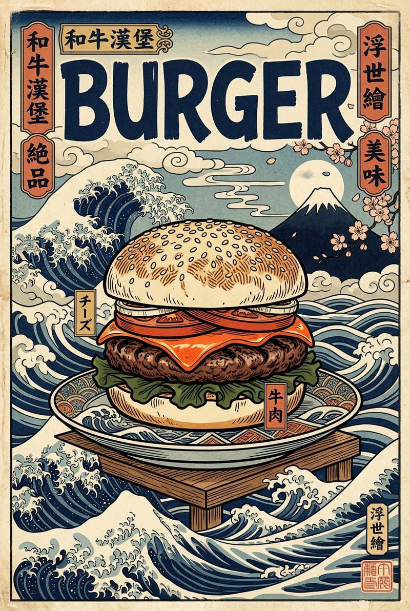 vibrant ukiyo-e burger art