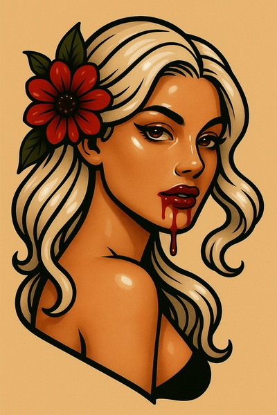 Stylized Tattoo Art of a Woman with Blood and Floral Accents