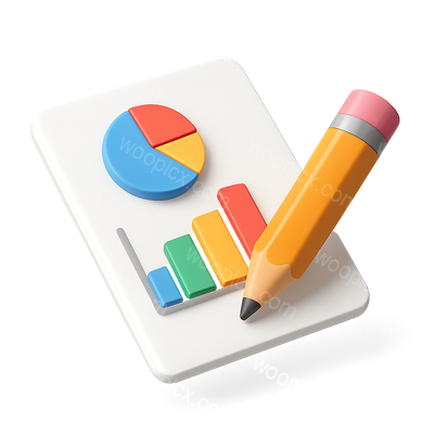3D Document Icon with Graphs and Pencil Design