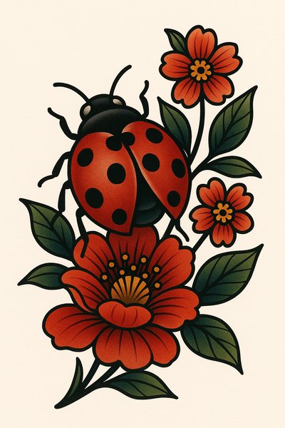 Colorful Ladybug and Floral Illustration