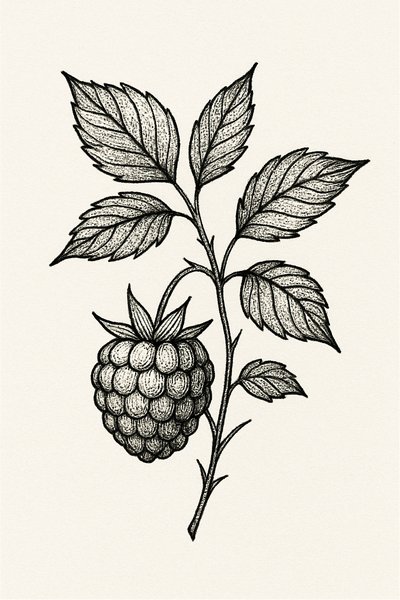 Intricate Botanical Illustration of a Raspberry Plant