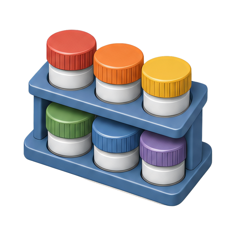 colorful paint jars on rack