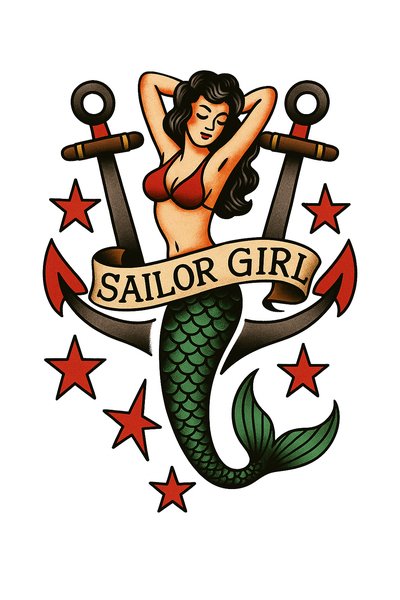 Stylized Tattoo Design Featuring a Sailor Girl and Anchors