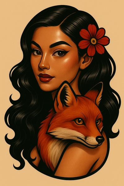 Glossy Tattoo Composition Featuring a Girl and a Fox