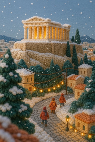 Woolen Acropolis Scene with Snow and Warm Lights