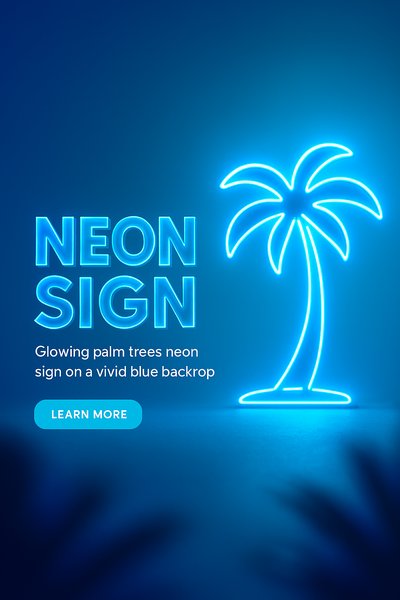 Neon Sign with Glowing Palm Trees on Blue Background