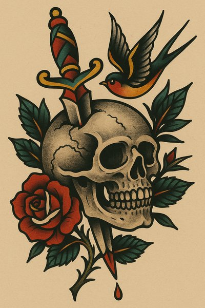 Traditional tattoo art featuring skull, rose, and swallow