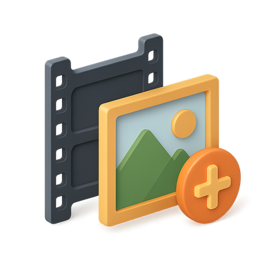 3D Filmstrip and Picture Frame Icon with Plus Sign