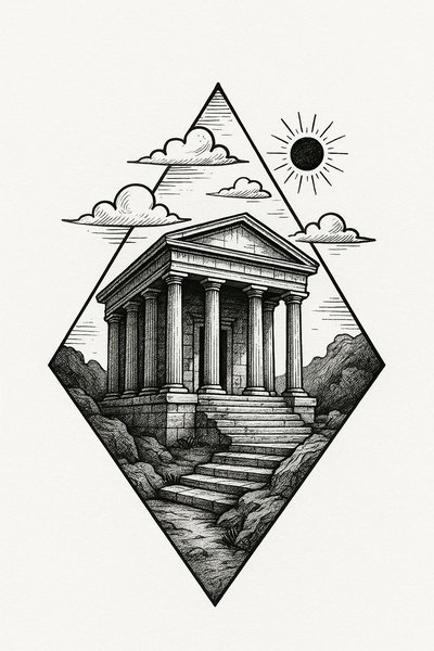 Illustrative depiction of a classical temple surrounded by nature