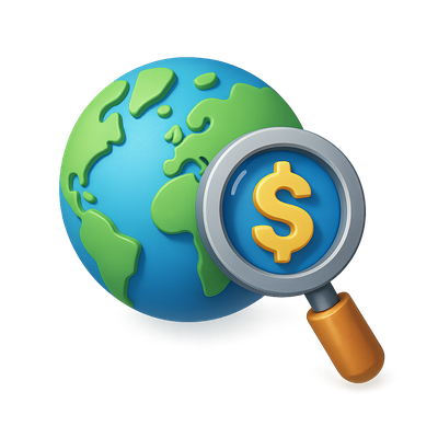 3D Globe with Magnifying Glass and Dollar Sign Icon