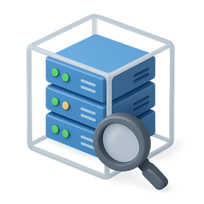 3D Staging Icon with Server and Magnifying Glass