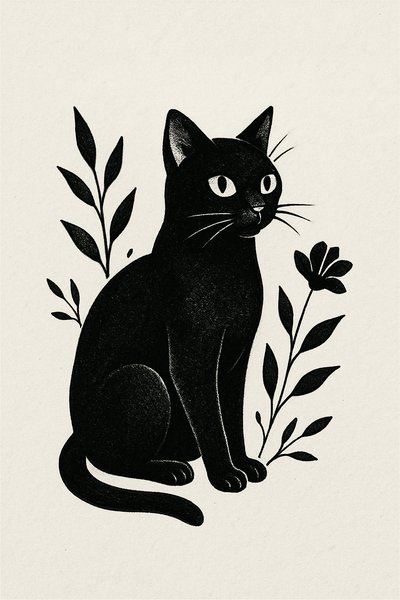 Stylized Black Cat Illustration with Floral Elements