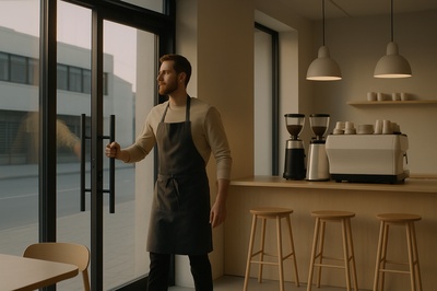 Morning Cafe Opening with a Barista in a Modern Setting