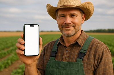 Farmer Holding Green Phone in Field