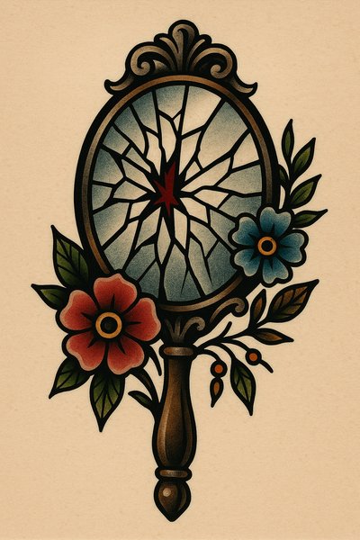 Artistic broken mirror illustration with flowers