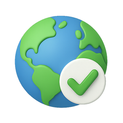 3D Globe Icon with Checkmark Symbolizing Global Approval