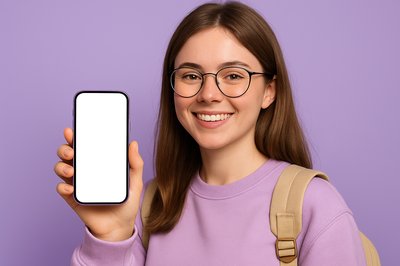 Cheerful student showcasing smartphone on purple background
