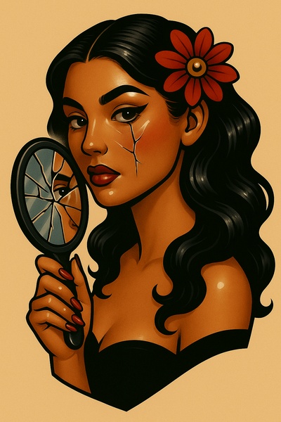 Stylized Portrait of a Woman with a Mirror and Flower
