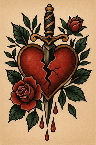 Heart and Sword Tattoo Artwork Featuring Roses
