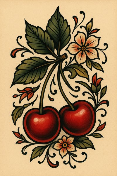 Vintage Cherry Blossom Tattoo Design with Floral Elements