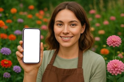 Florist Holding a Phone Surrounded by Colorful Flowers