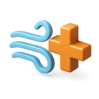 Stylized 3D Wind Icon with Curved Lines and Plus Symbol