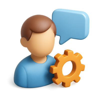 3D Icon of a Person with Gear and Speech Bubble
