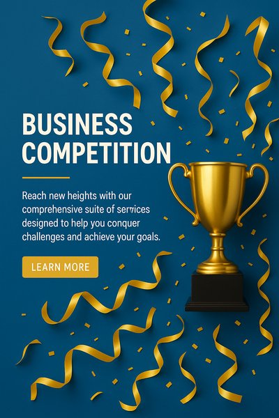 Business Competition Promotional Graphic with Trophy and Confetti