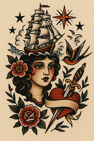 Vintage Tattoo Style Illustration of a Woman with Ship and Flowers