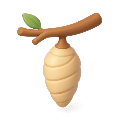 Stylized 3D Cocoon Icon on Branch with Leaf