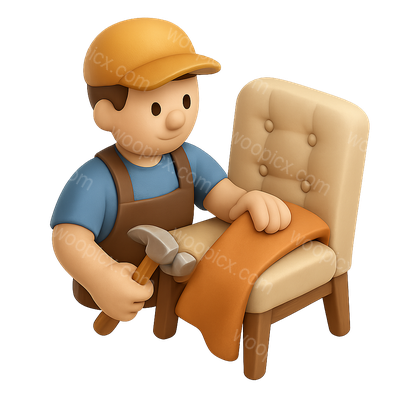 3D Upholsterer Icon with Chair and Fabric