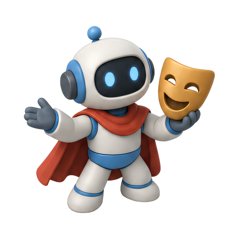 robot with drama mask