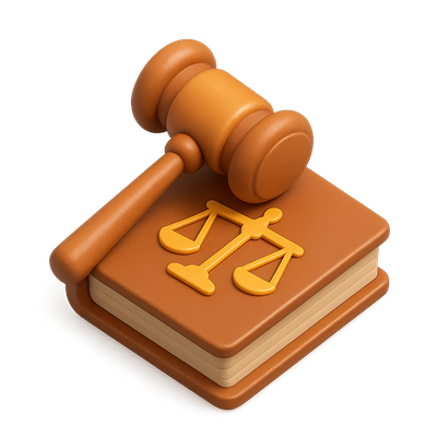 Stylized 3D Authority Icon with Gavel and Scales
