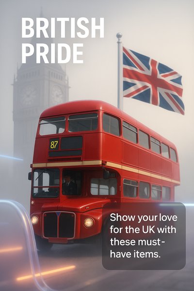 Iconic UK Red Bus with National Flag in Background