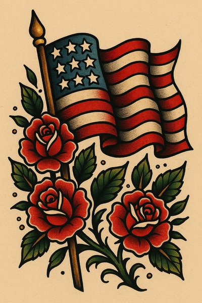 Traditional American Tattoo Design Featuring Flag and Roses